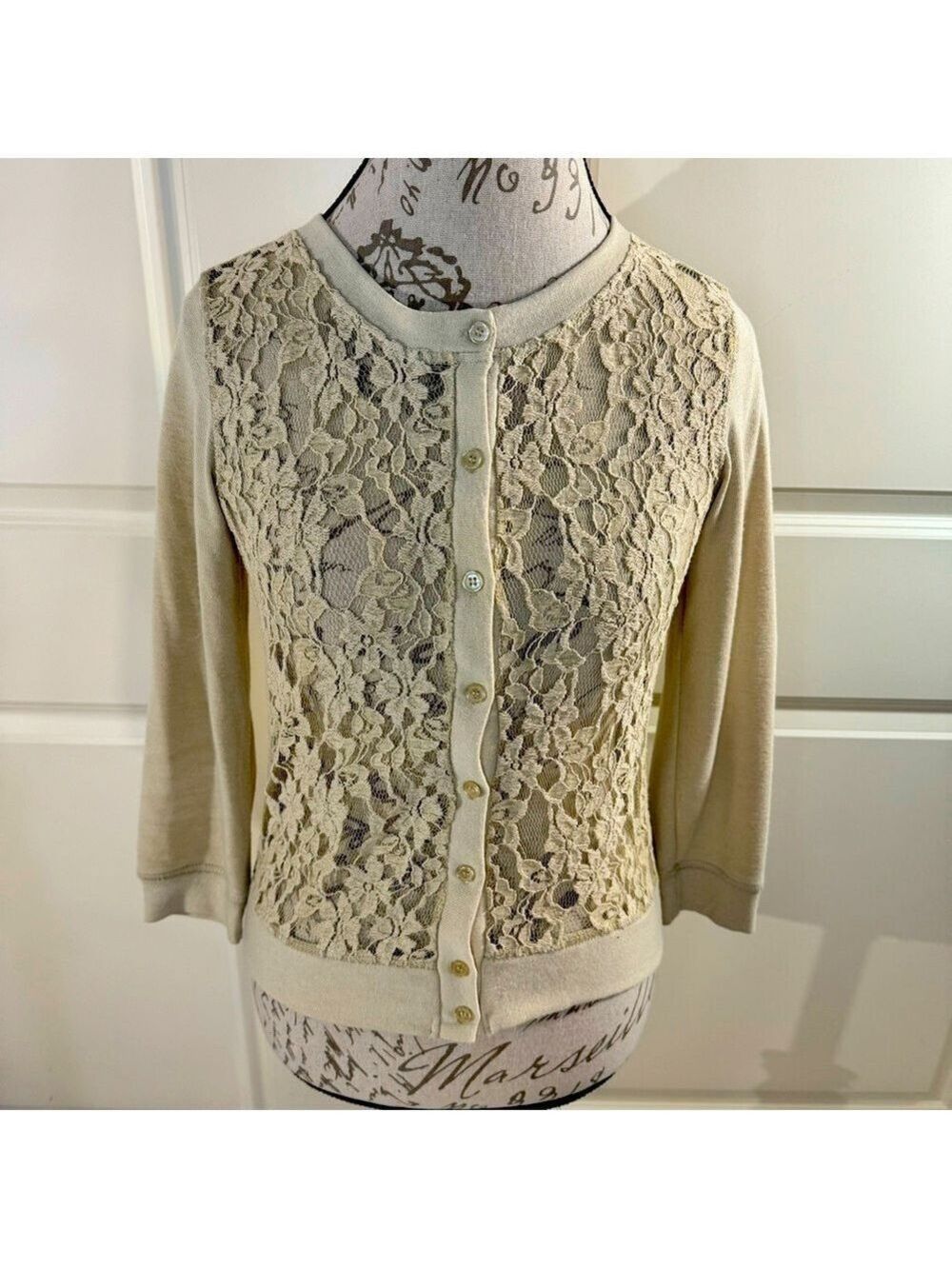 Poof Excellence Lace Front Button Down Cardigan Beige Large